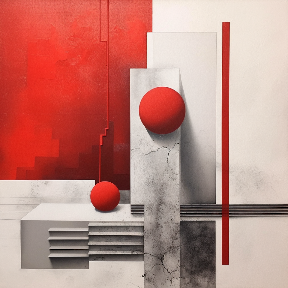 Red Squares Cityscape Monochromatic Realism
