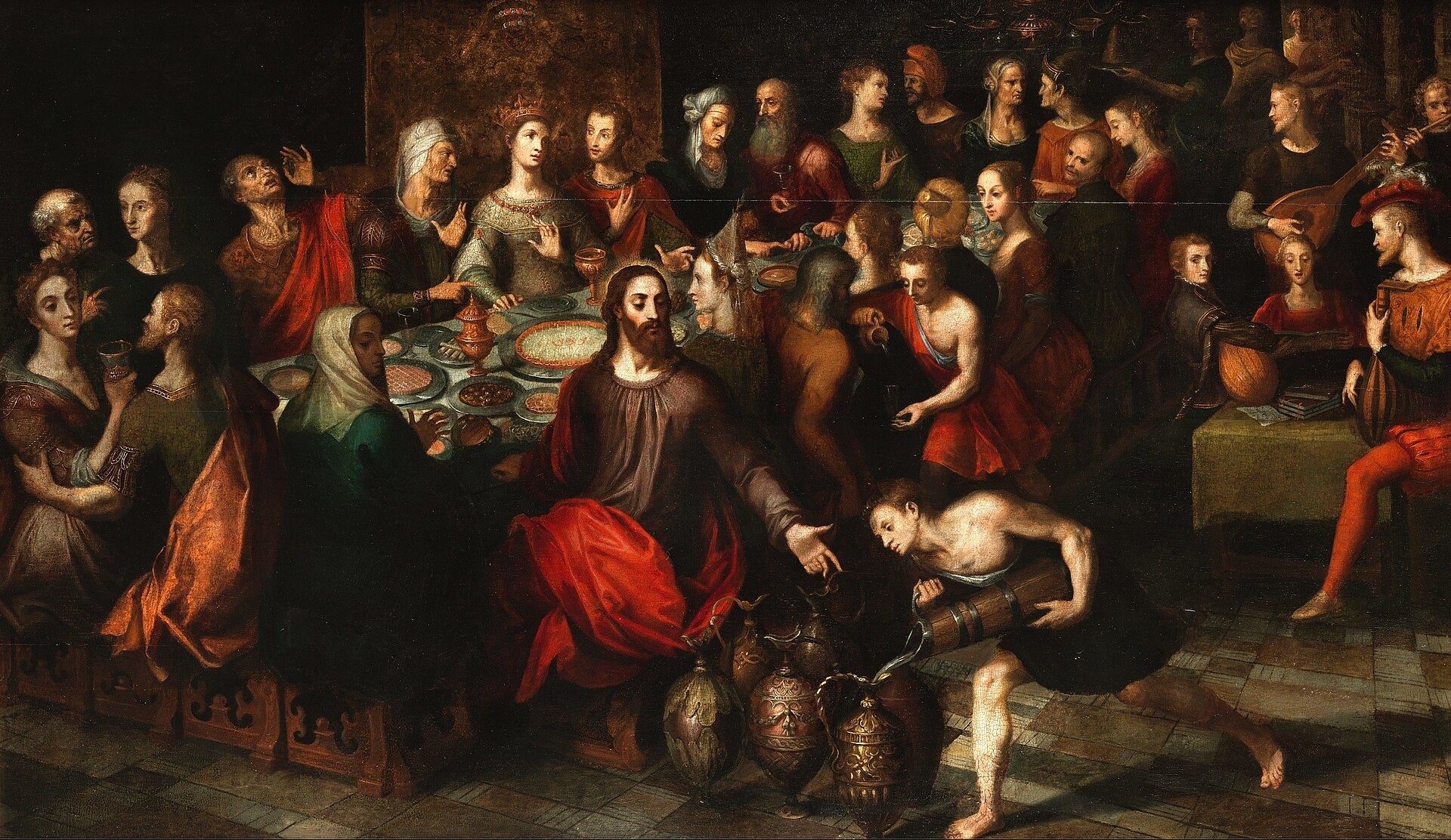 Discover The Wedding at Cana by Adam van Noort, a Flemish Renaissance masterpiece painted between 1587–1641. Hand-painted oil on canvas reproductions available in custom sizes.. Painting of a biblical scene with figures around a table, one figure holding a jug.