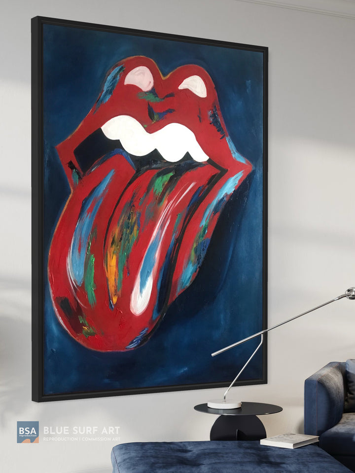 Rolling Stones Red Lips & Tongue Oil Painting on Canvas Wall Art. Blue Surf Art