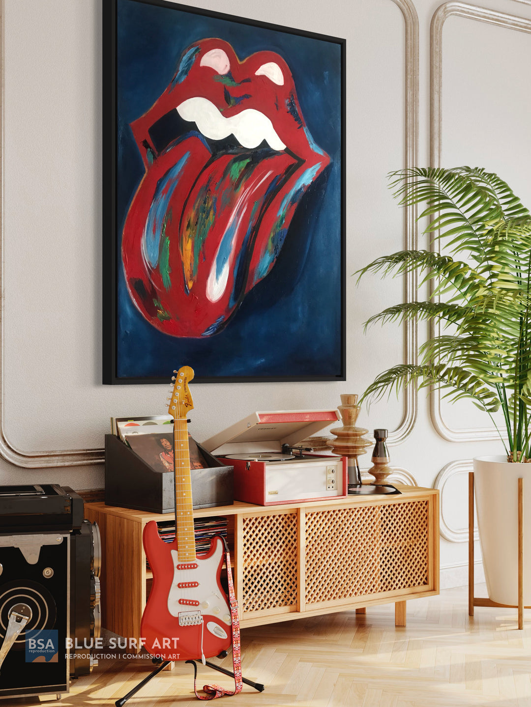 Rolling Stones Red Lips & Tongue Oil Painting on Canvas Wall Art. Blue Surf Art