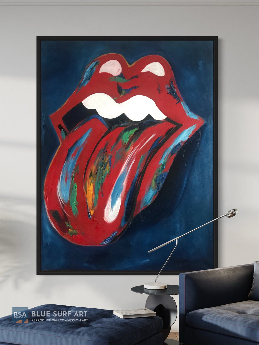 Rolling Stones Red Lips & Tongue Oil Painting on Canvas Wall Art. Blue Surf Art