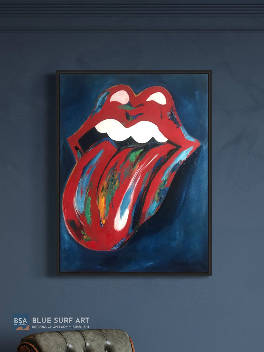 Rolling Stones Red Lips & Tongue Oil Painting on Canvas Wall Art. Blue Surf Art