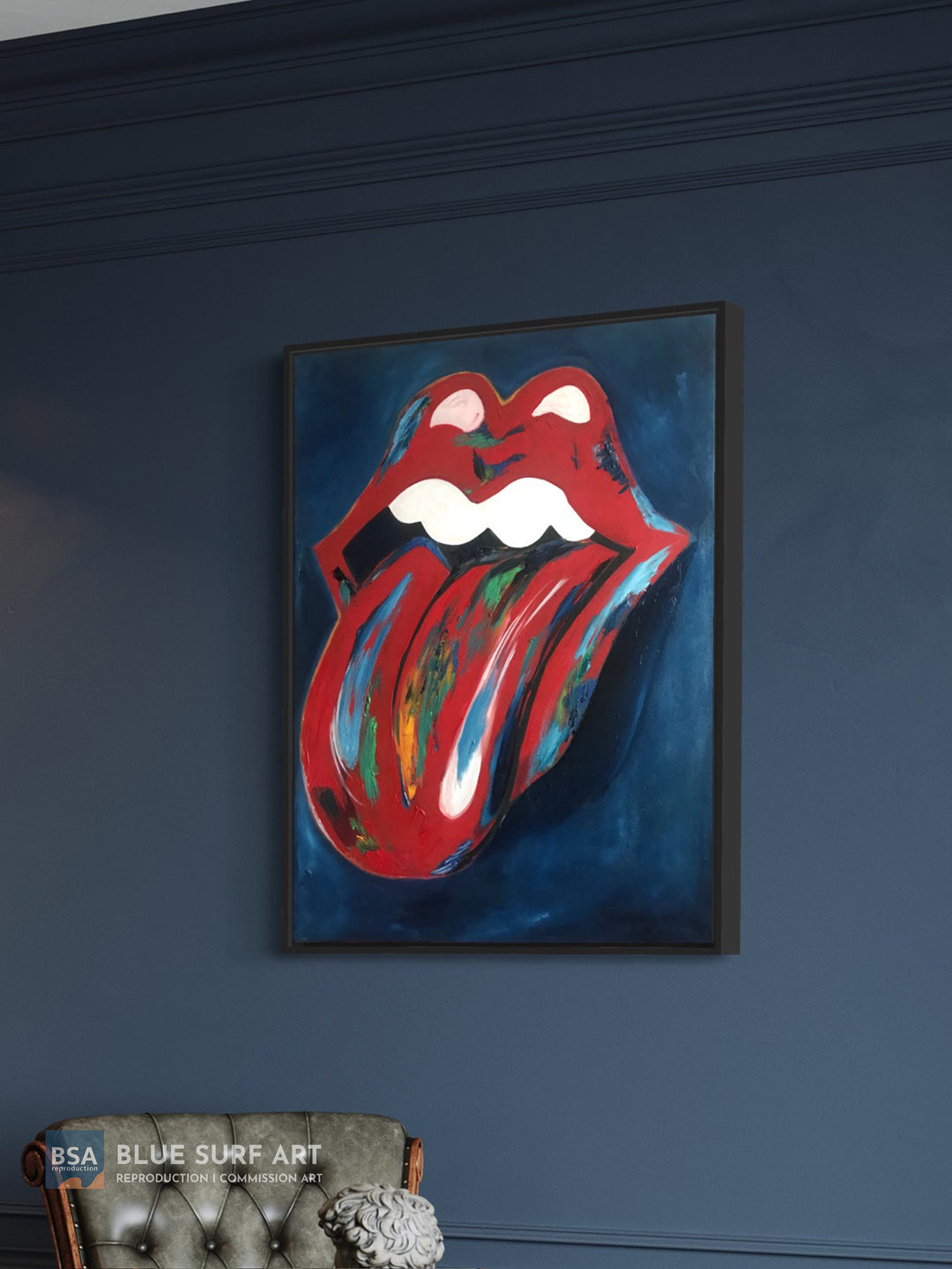 Rolling Stones Red Lips & Tongue Oil Painting on Canvas Wall Art. Blue Surf Art