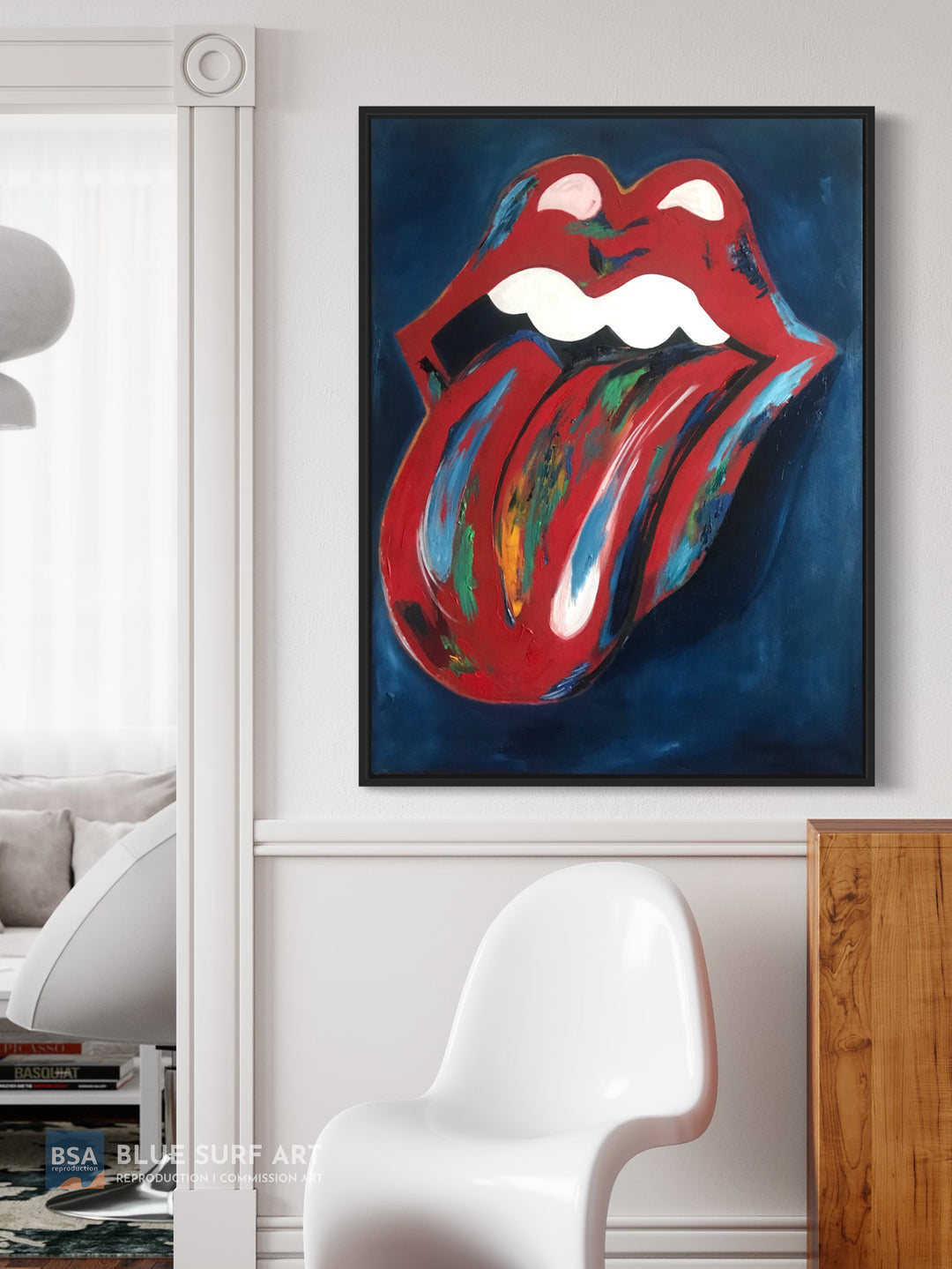 Rolling Stones Red Lips & Tongue Oil Painting on Canvas Wall Art. Blue Surf Art