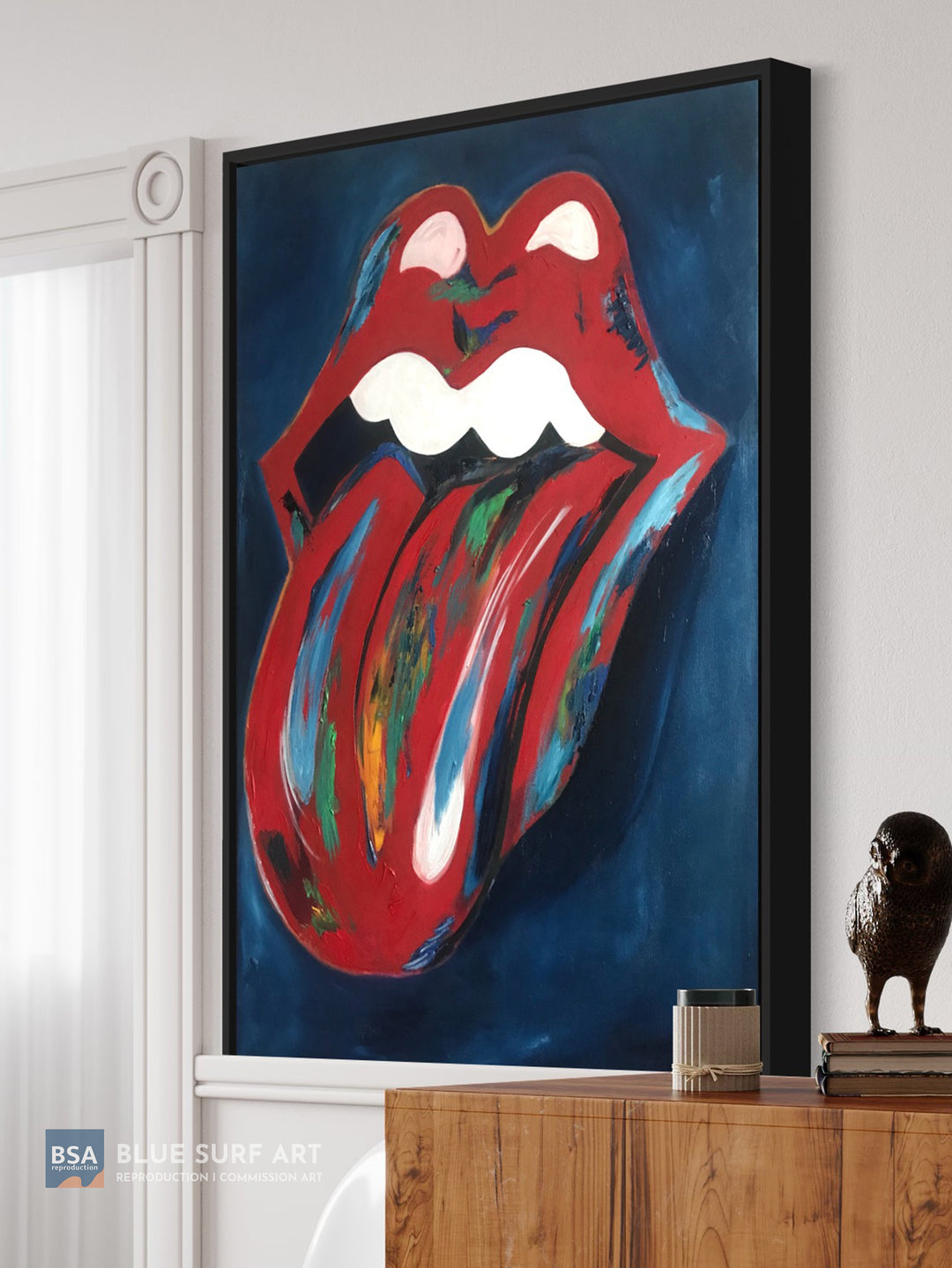 Rolling Stones Red Lips & Tongue Oil Painting on Canvas Wall Art. Blue Surf Art