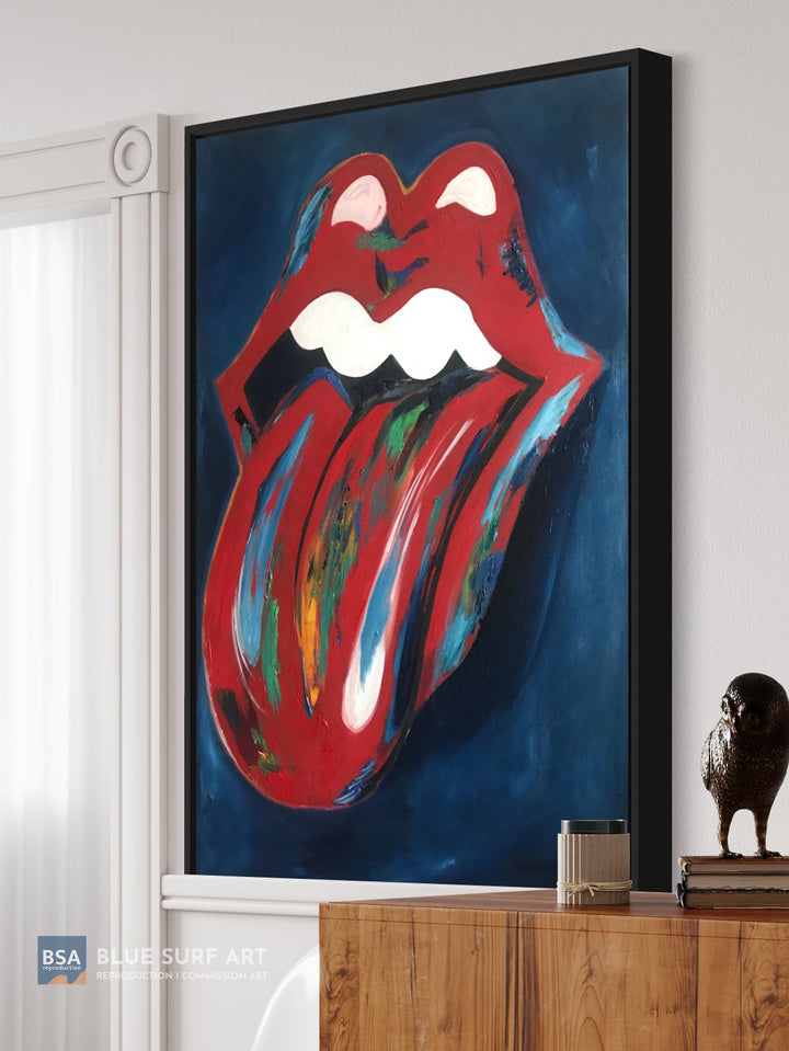 Rolling Stones Red Lips & Tongue Oil Painting on Canvas Wall Art. Blue Surf Art