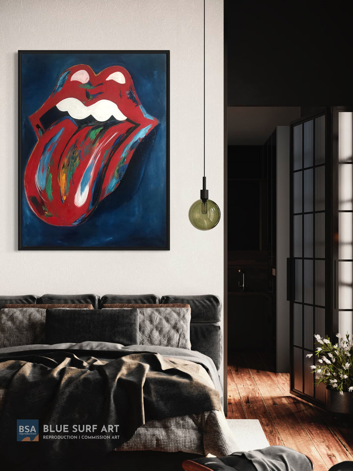 Rolling Stones Red Lips & Tongue Oil Painting on Canvas Wall Art. Blue Surf Art