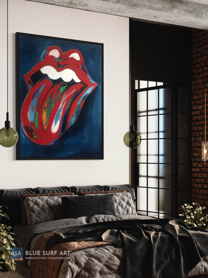 Rolling Stones Red Lips & Tongue Oil Painting on Canvas Wall Art. Blue Surf Art