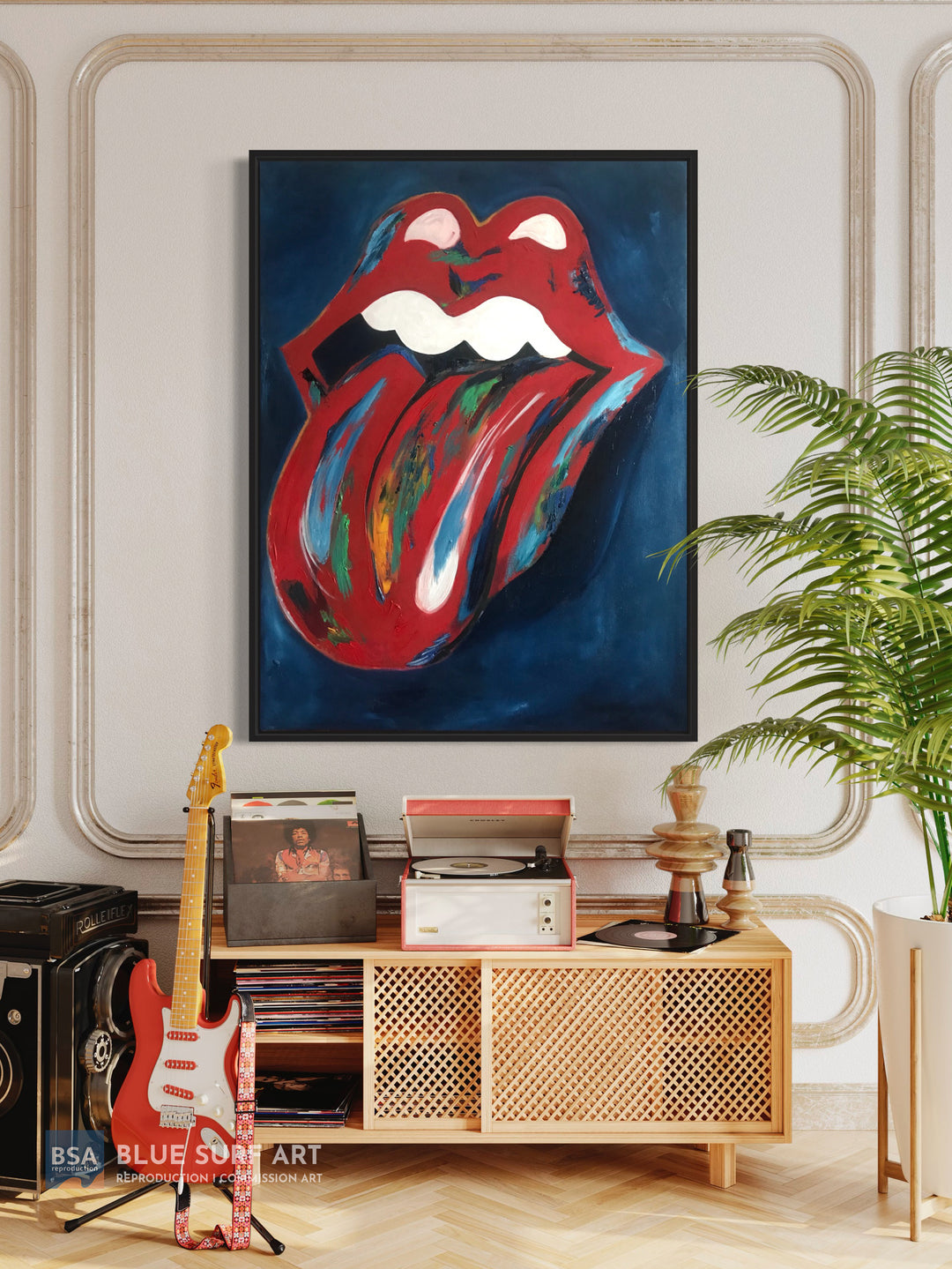 Rolling Stones Red Lips & Tongue Oil Painting on Canvas Wall Art. Blue Surf Art