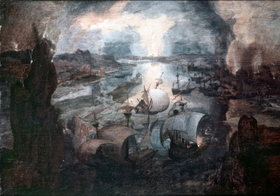 Seascape with Ships and a Burning City by Pieter Bruegel the Elder