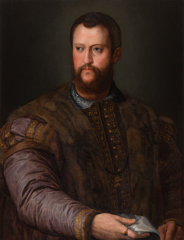 Museum-quality hand-painted reproduction of Bronzino's Portrait of Cosimo I de' Medici. Renaissance masterpiece recreated in oil on canvas by Blue Surf Art.