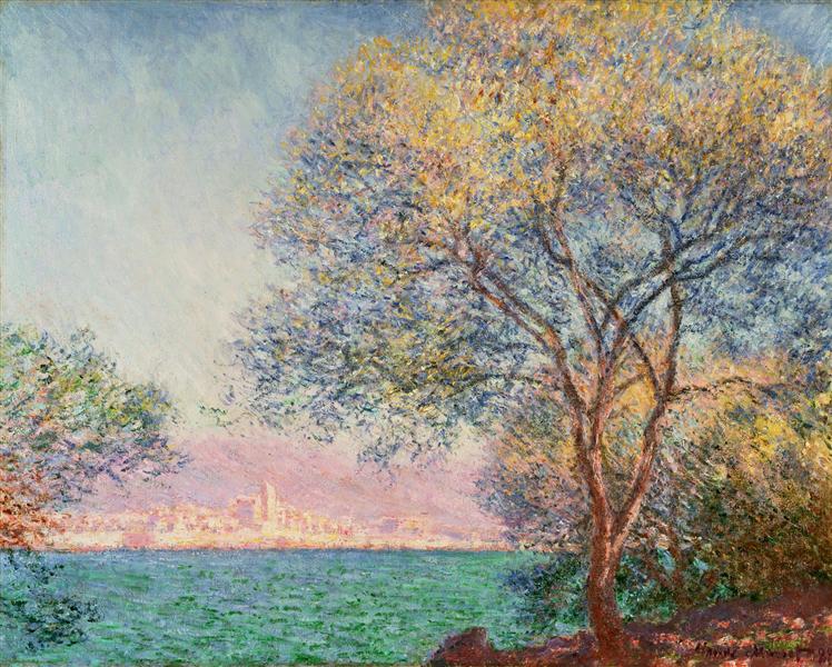 Painting of a tree by a body of water with a cityscape in the distance