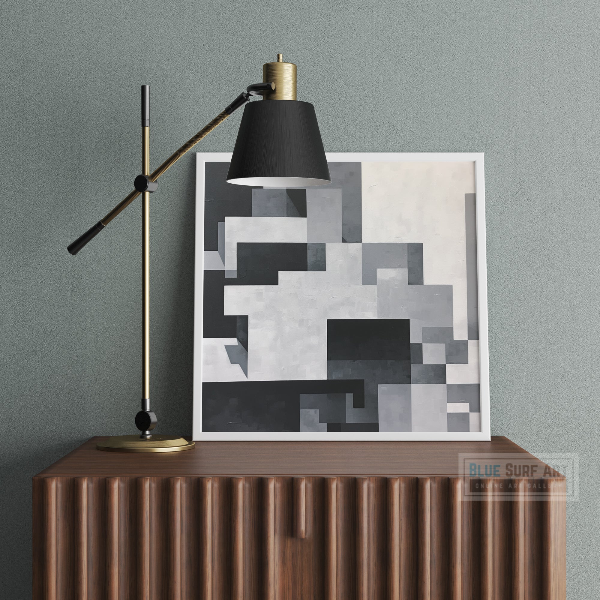 Black and White Abstract Art Painting Grey Squares Pixelated Realism Home Decor Gift Art Mural painting Zigzags Monochromatic Wall Art. Blue Surf Art - 4