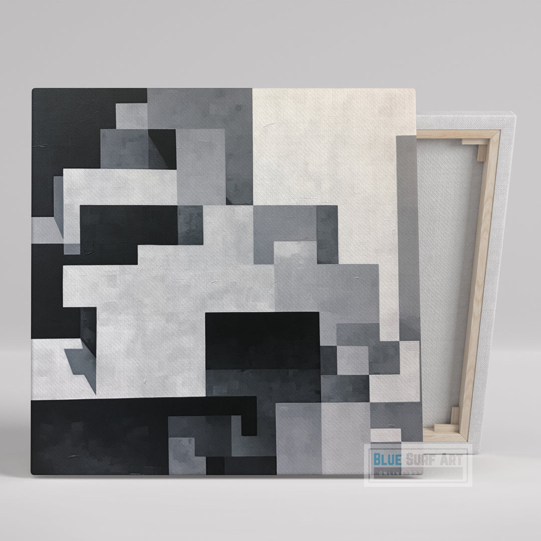 Black and White Abstract Art Painting Grey Squares Pixelated Realism Home Decor Gift Art Mural painting Zigzags Monochromatic Wall Art. Blue Surf Art -2