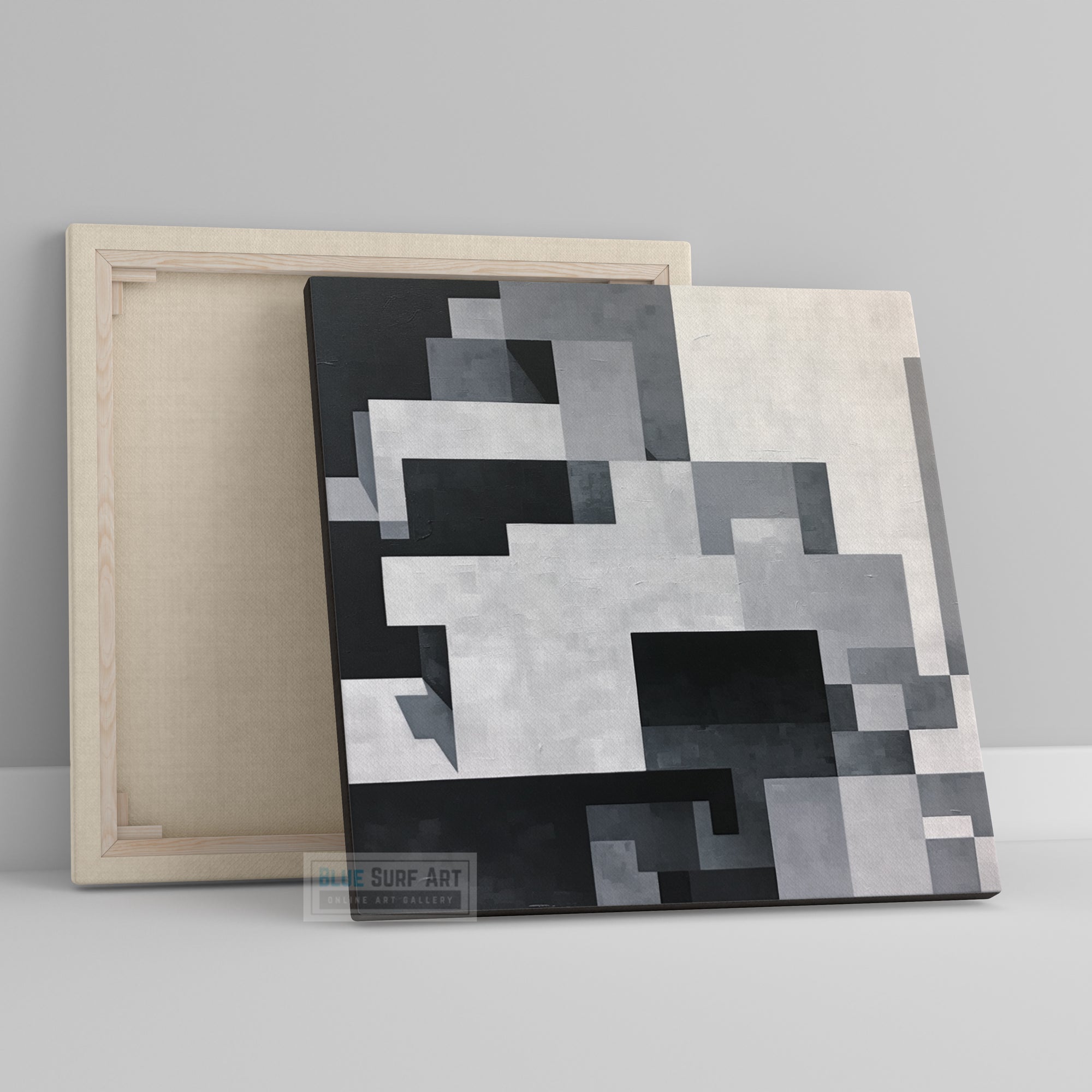 Black and White Abstract Art Painting Grey Squares Pixelated Realism Home Decor Gift Art Mural painting Zigzags Monochromatic Wall Art. Blue Surf Art - 3