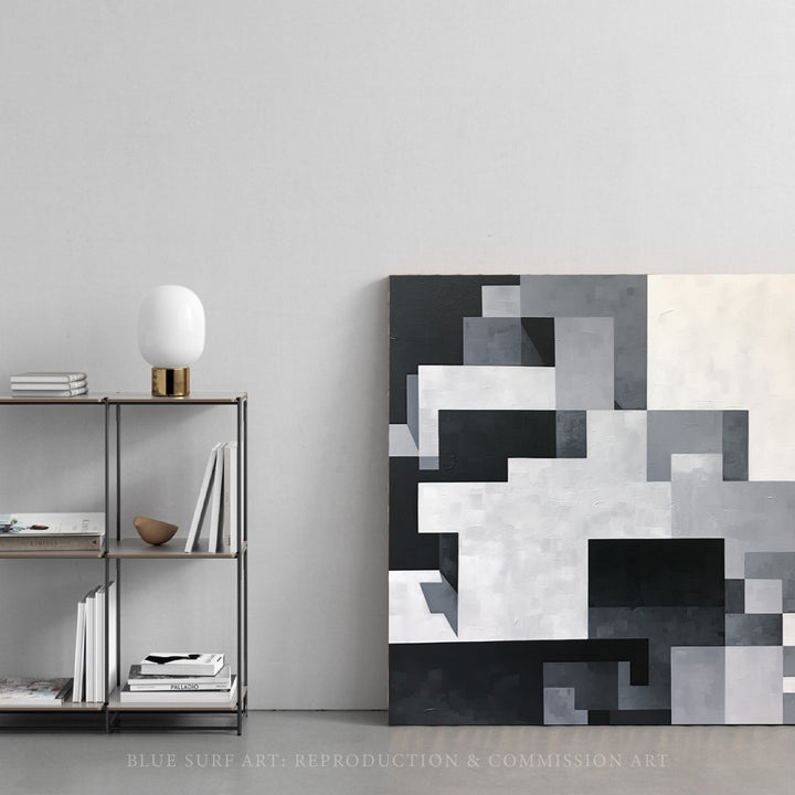 Black and White Abstract Art Painting Grey Squares Pixelated Realism Home Decor Gift Art Mural painting Zigzags Monochromatic Wall Art. Blue Surf Art - 5