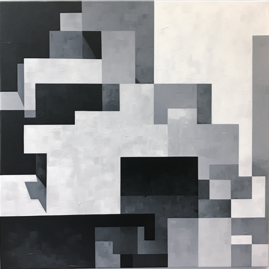 Black and White Abstract Art Painting Grey Squares Pixelated Realism Home Decor Gift Art Mural painting Zigzags Monochromatic Wall Art. Blue Surf Art