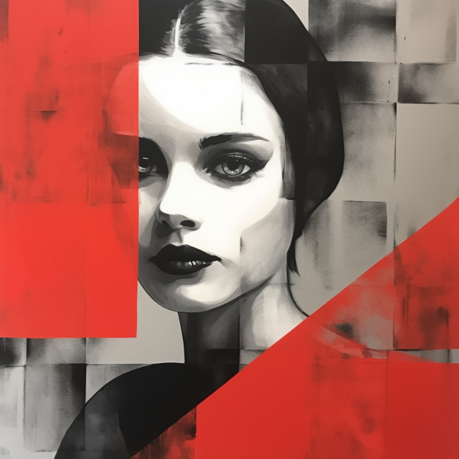 Woman Portrait Abstract Style Dark Silver and Red Art Modernism-Inspired Portraiture Black and White Grayscale Wall art Housewarming Gift. Blue Surf Art.
