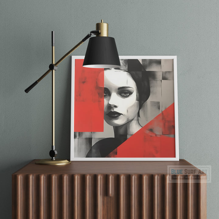 Woman Portrait Abstract Style Dark Silver and Red Art Modernism-Inspired Portraiture Black and White Grayscale Wall art Housewarming Gift. Blue Surf Art - 4