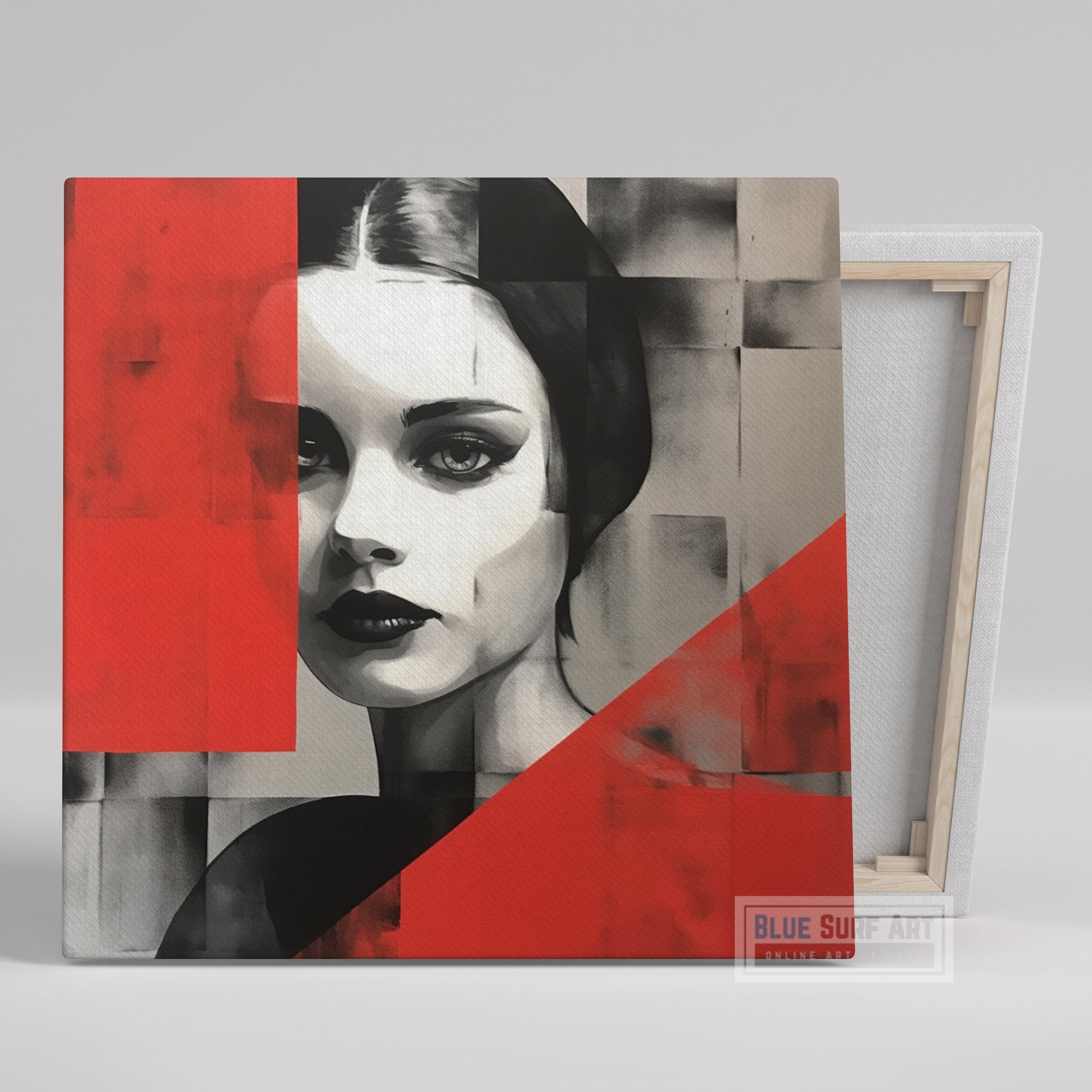 Woman Portrait Abstract Style Dark Silver and Red Art Modernism-Inspired Portraiture Black and White Grayscale Wall art Housewarming Gift. Blue Surf Art - 1