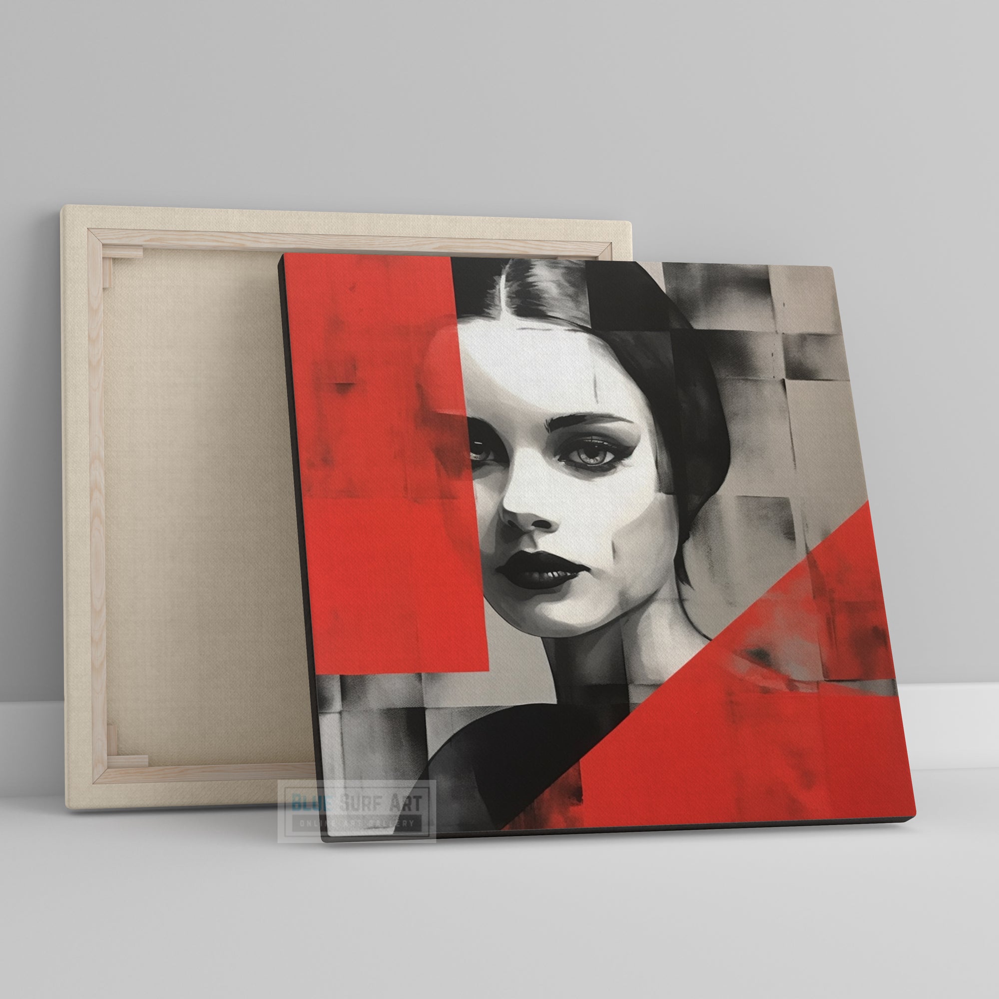 Woman Portrait Abstract Style Dark Silver and Red Art Modernism-Inspired Portraiture Black and White Grayscale Wall art Housewarming Gift. Blue Surf Art - 2