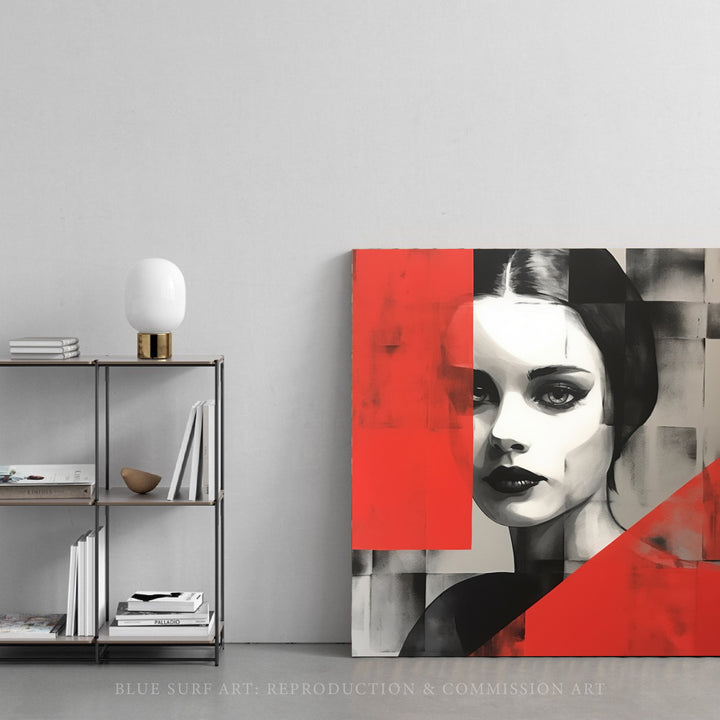 Woman Portrait Abstract Style Dark Silver and Red Art Modernism-Inspired Portraiture Black and White Grayscale Wall art Housewarming Gift. Blue Surf Art - 3