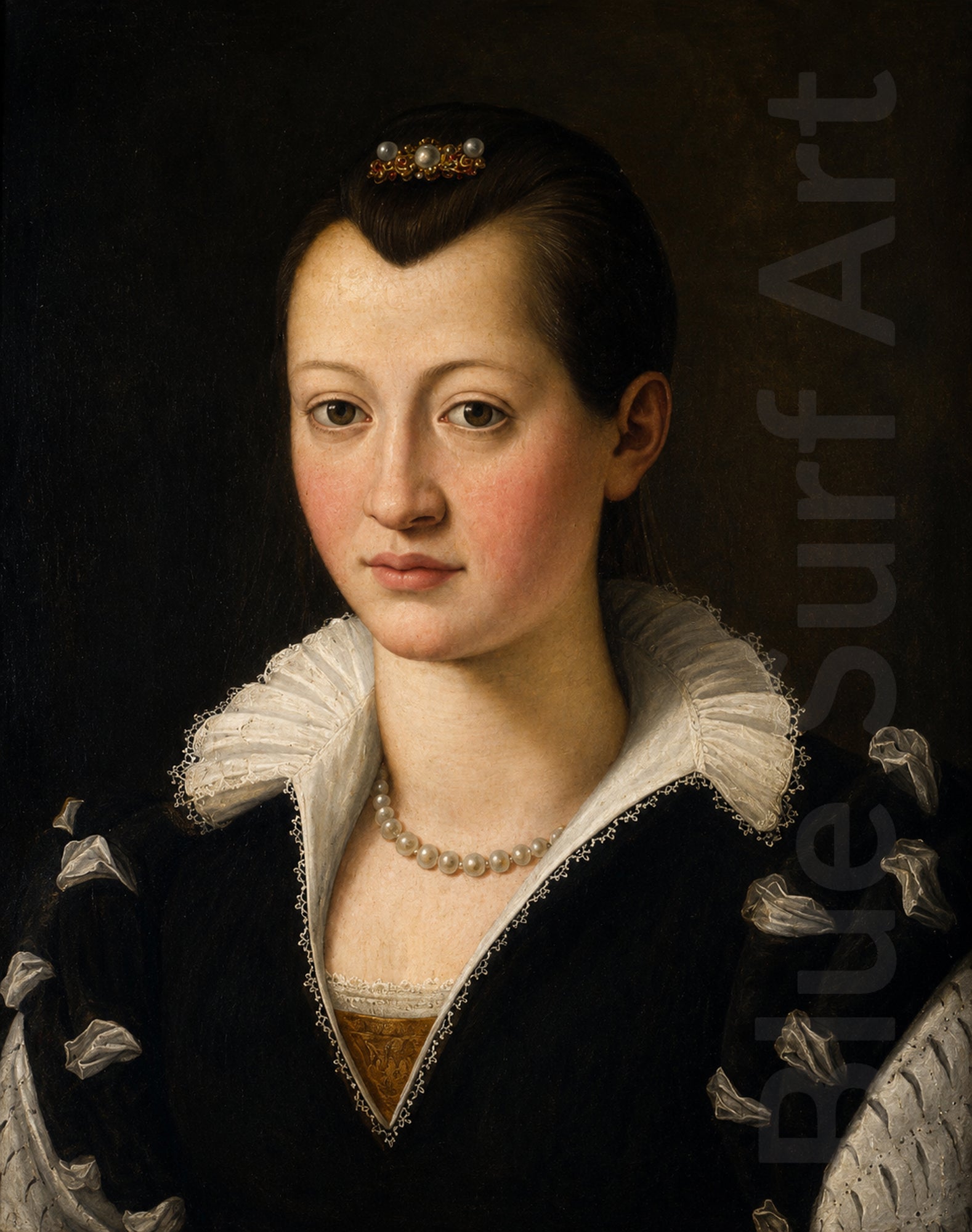 Museum-quality hand-painted reproduction of Portrait of a Lady in a Black Dress. Elegant Renaissance portrait in the style of Agnolo Bronzino.
