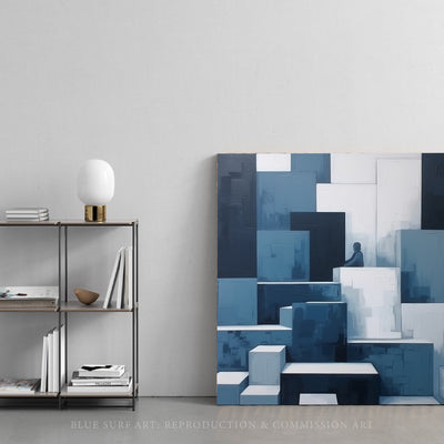 Abstract painting Monochromatic Light sky-Blue and dark Navy Perspective Rendering Pixelated Realism Elegant Cubism Art Home Decor Wall Art. Blue Surf Art.com 