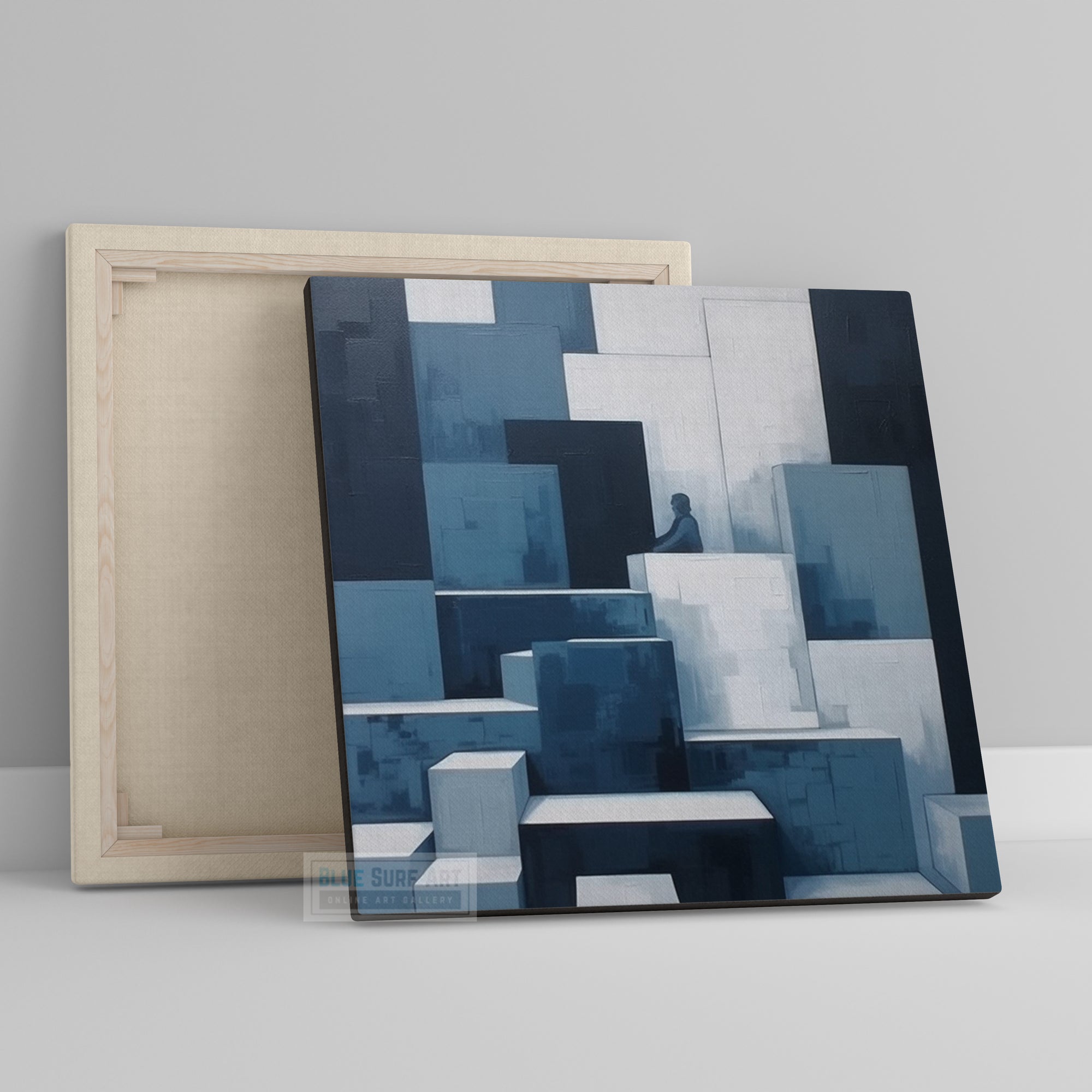 Abstract painting Monochromatic Light sky-Blue and dark Navy Perspective Rendering Pixelated Realism Elegant Cubism Art Home Decor Wall Art. Blue Surf Art.com 