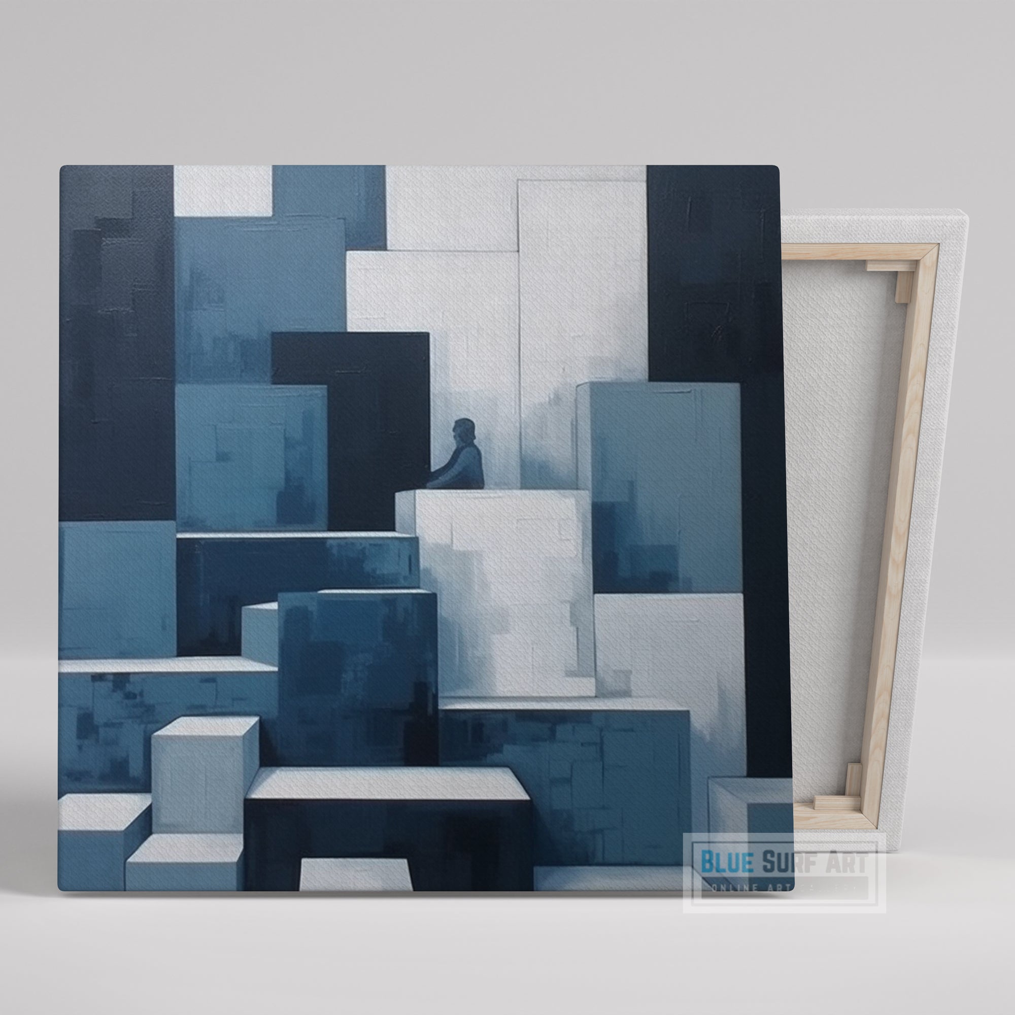 Abstract painting Monochromatic Light sky-Blue and dark Navy Perspective Rendering Pixelated Realism Elegant Cubism Art Home Decor Wall Art. Blue Surf Art.com 