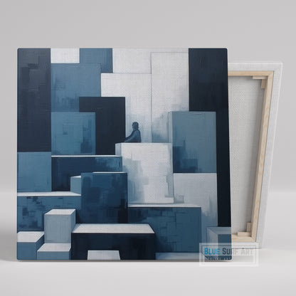 Abstract painting Monochromatic Light sky-Blue and dark Navy Perspective Rendering Pixelated Realism Elegant Cubism Art Home Decor Wall Art. Blue Surf Art.com 