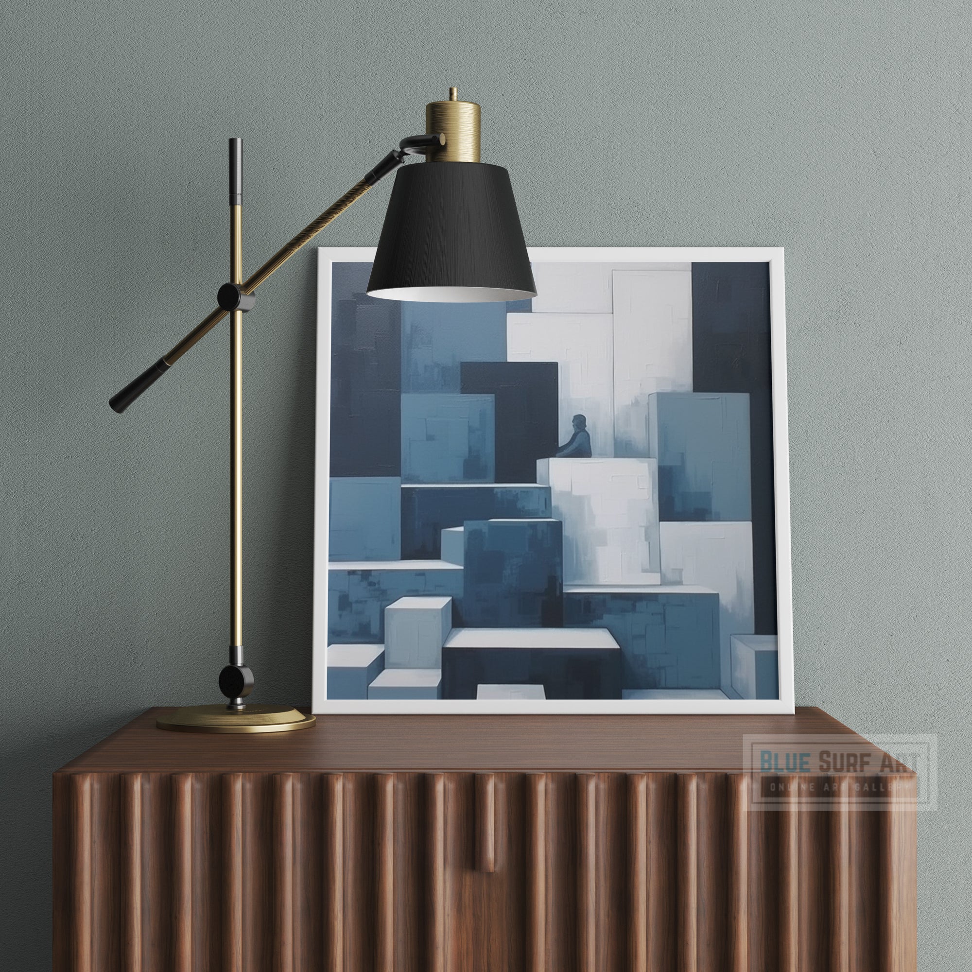 Abstract painting Monochromatic Light sky-Blue and dark Navy Perspective Rendering Pixelated Realism Elegant Cubism Art Home Decor Wall Art. Blue Surf Art.com 