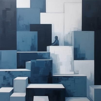 Abstract painting Monochromatic Light sky-Blue and dark Navy Perspective Rendering Pixelated Realism Elegant Cubism Art Home Decor Wall Art. Blue Surf Art.com 