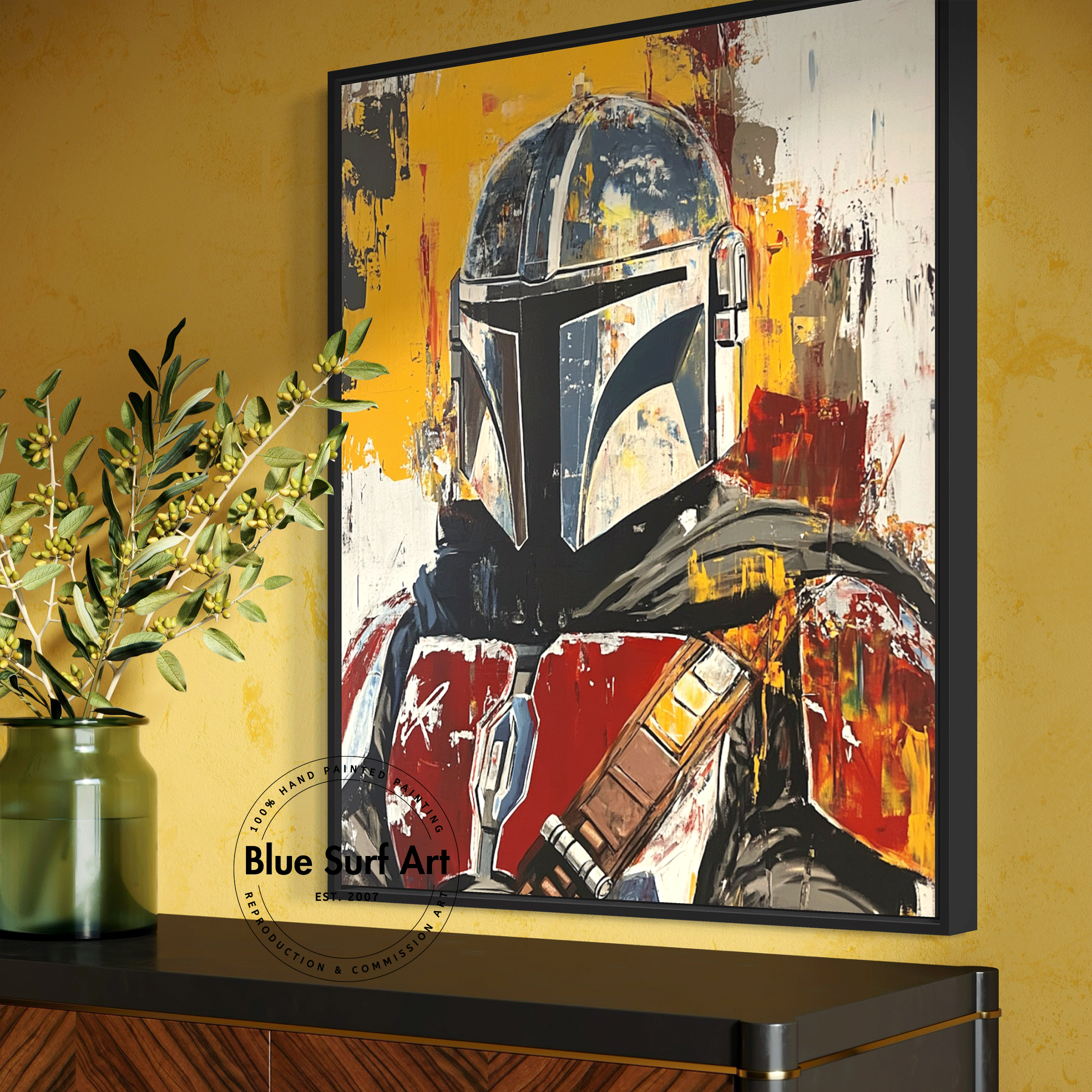 Hand-Painted Mandalorian Star Wars Reproduction Oil Painting | Custom Art on Canvas | Baby Yoda Artwork | Star Wars Wall Decor | High-Quality Star Wars Prints | Unique Cinematic Masterpiece for Fans | Customizable Sizes | Rolled or Stretched Canvas | Perfect Gift for Star Wars Lovers | Buy Handcrafted Star Wars Art | Mandalorian & Grogu Painting | Movie-Inspired Art for Home or Office