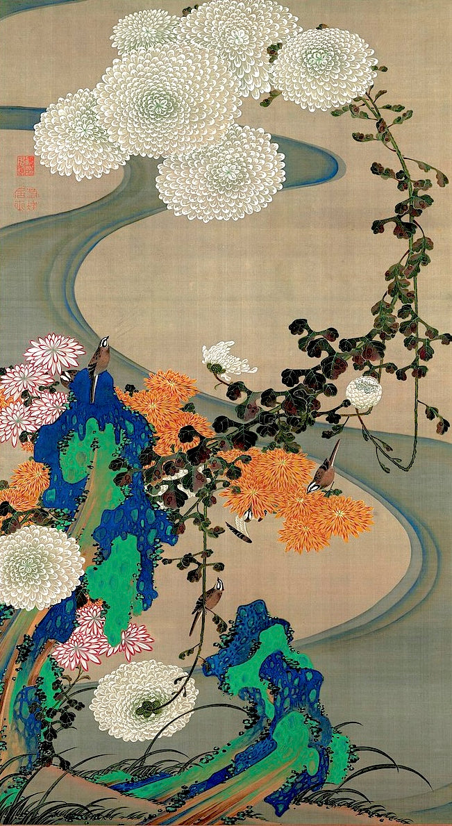 Chrysanthemums by a stream with rocks Painting by Itō Jakuchū 