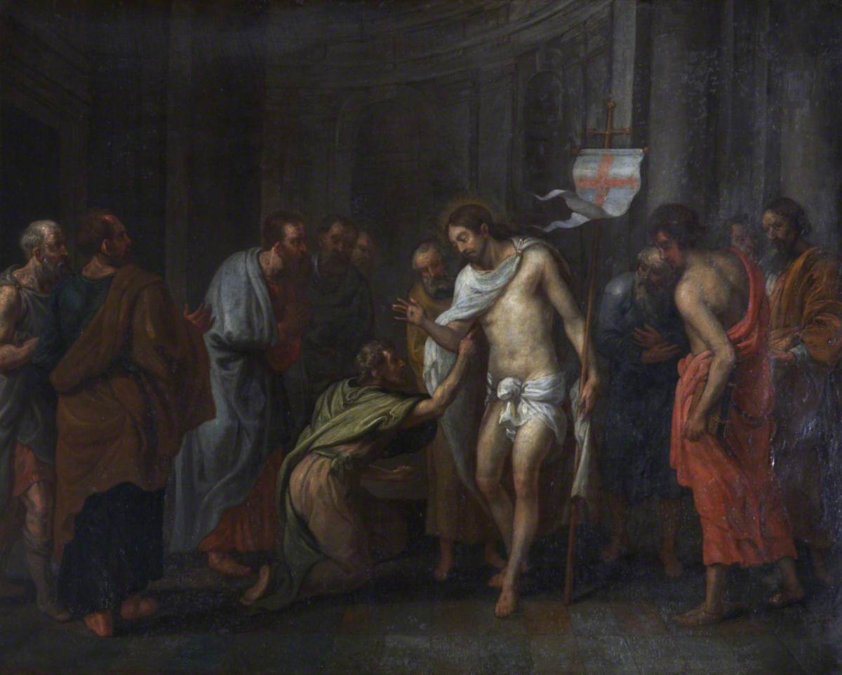 The Incredulity of Saint Thomas by Adam van Noort – Hand-Painted Oil Painting Reproduction. Painting of a religious scene with central figure in white robe interacting with others in a dimly lit room.