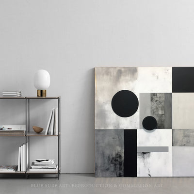 Abstract Painting White Grey Black Wall Art Circles Squares Minimalist Compositions Dark palette Industrial Style Painting Monochrome Canvas. Blue Surf Art. -3