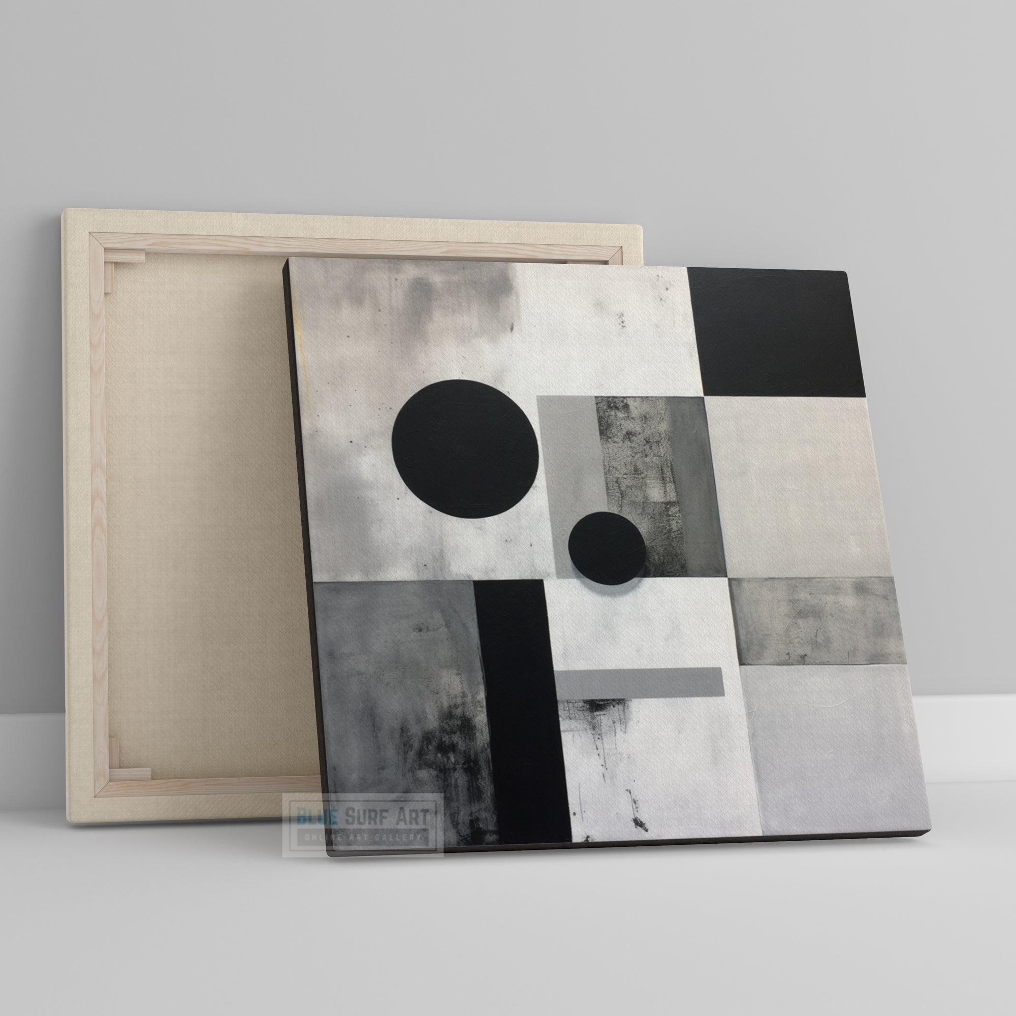 Abstract Painting White Grey Black Wall Art Circles Squares Minimalist Compositions Dark palette Industrial Style Painting Monochrome Canvas. Blue Surf Art. -2