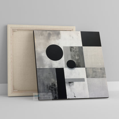 Abstract Painting White Grey Black Wall Art Circles Squares Minimalist Compositions Dark palette Industrial Style Painting Monochrome Canvas. Blue Surf Art. -2