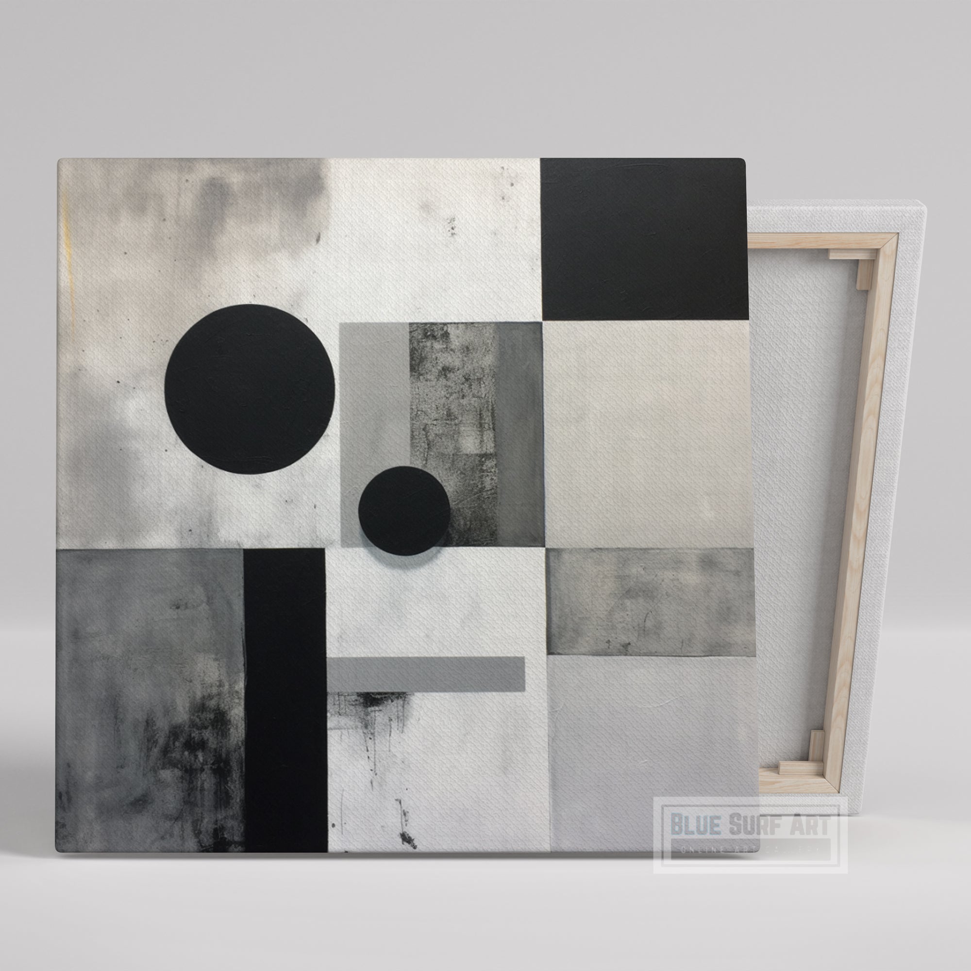 Abstract Painting White Grey Black Wall Art Circles Squares Minimalist Compositions Dark palette Industrial Style Painting Monochrome Canvas. Blue Surf Art. -1
