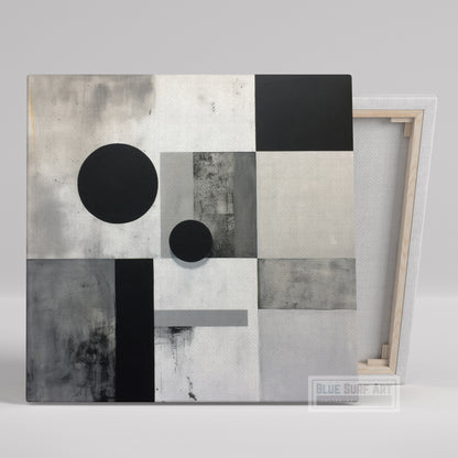 Abstract Painting White Grey Black Wall Art Circles Squares Minimalist Compositions Dark palette Industrial Style Painting Monochrome Canvas. Blue Surf Art. -1