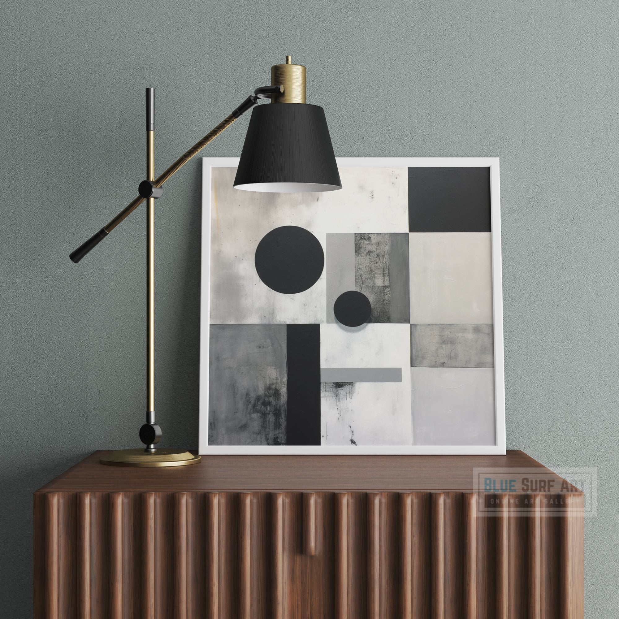 Abstract Painting White Grey Black Wall Art Circles Squares Minimalist Compositions Dark palette Industrial Style Painting Monochrome Canvas. Blue Surf Art. -4