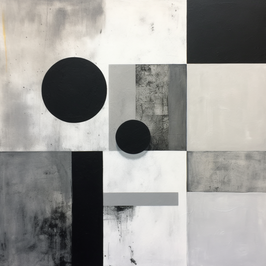 Abstract Painting White Grey Black Wall Art Circles Squares Minimalist Compositions Dark palette Industrial Style Painting Monochrome Canvas. Blue Surf Art. 