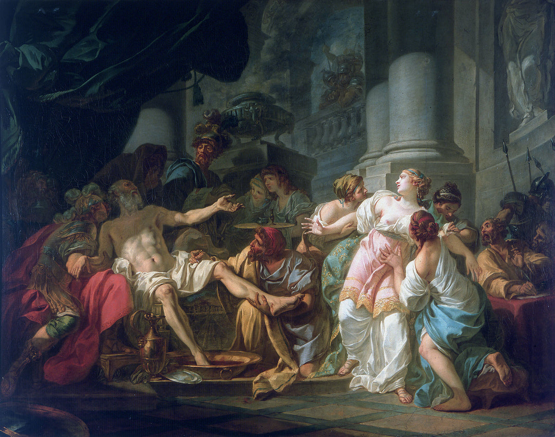Museum-quality reproduction of The Death of Seneca (1773) by Jacques-Louis David. Hand-painted on canvas, custom sizes, global shipping, photo proof.