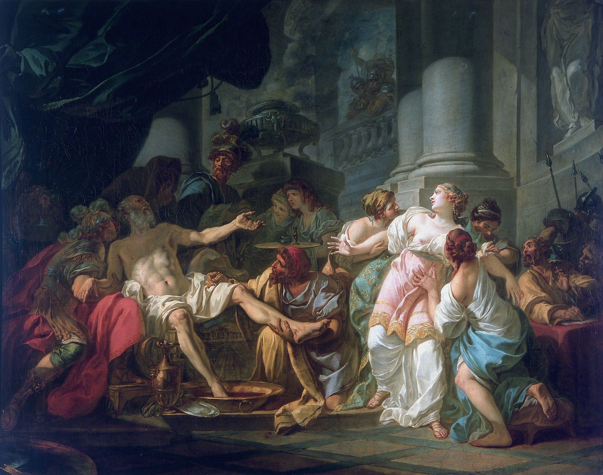Museum-quality reproduction of The Death of Seneca (1773) by Jacques-Louis David. Hand-painted on canvas, custom sizes, global shipping, photo proof.