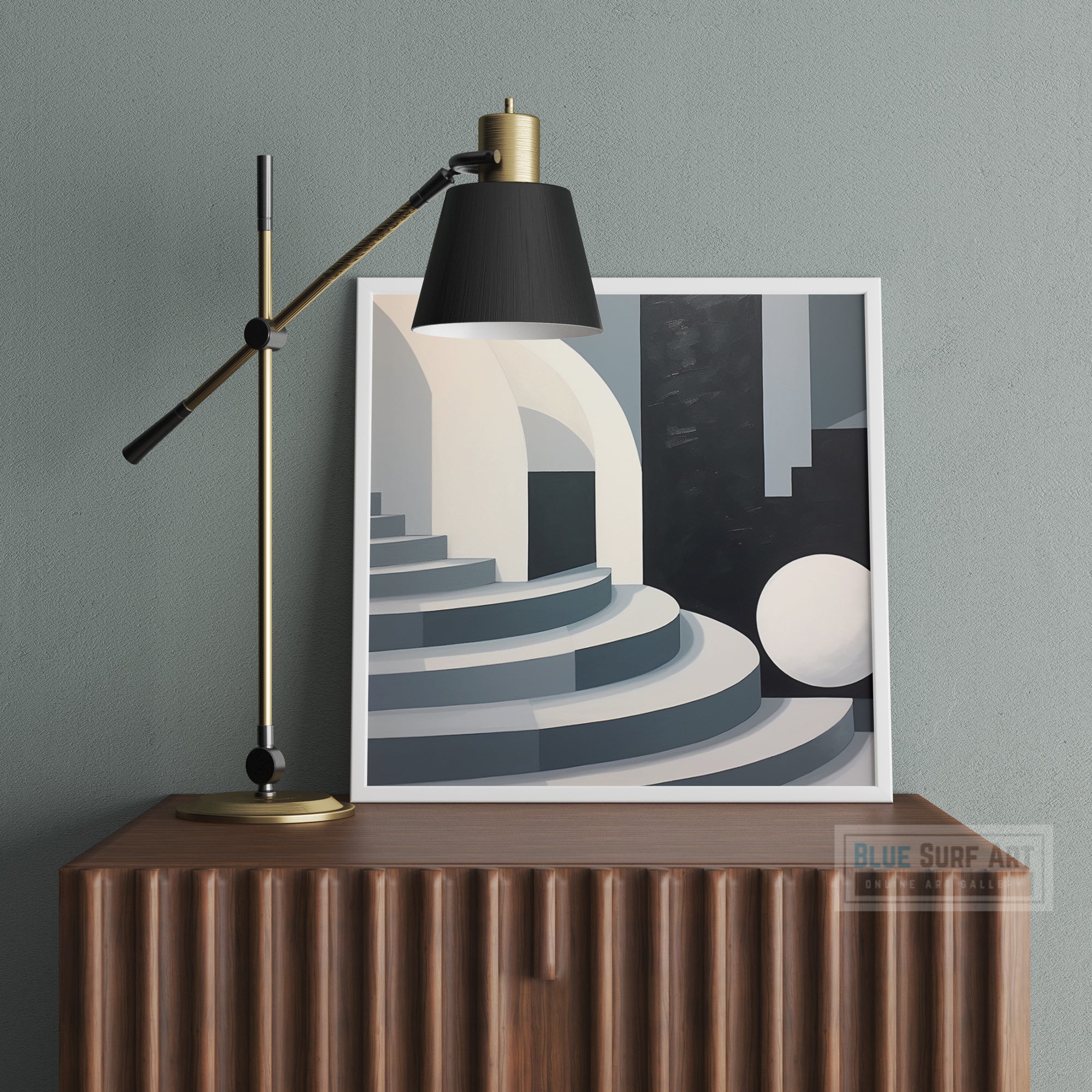 Black and White Abstract Painting Stairs Art Geometric Minimalism Art Landscape Modern Canvas Monumental Figures Bold Compositions Home Deco. Blue Surf Art