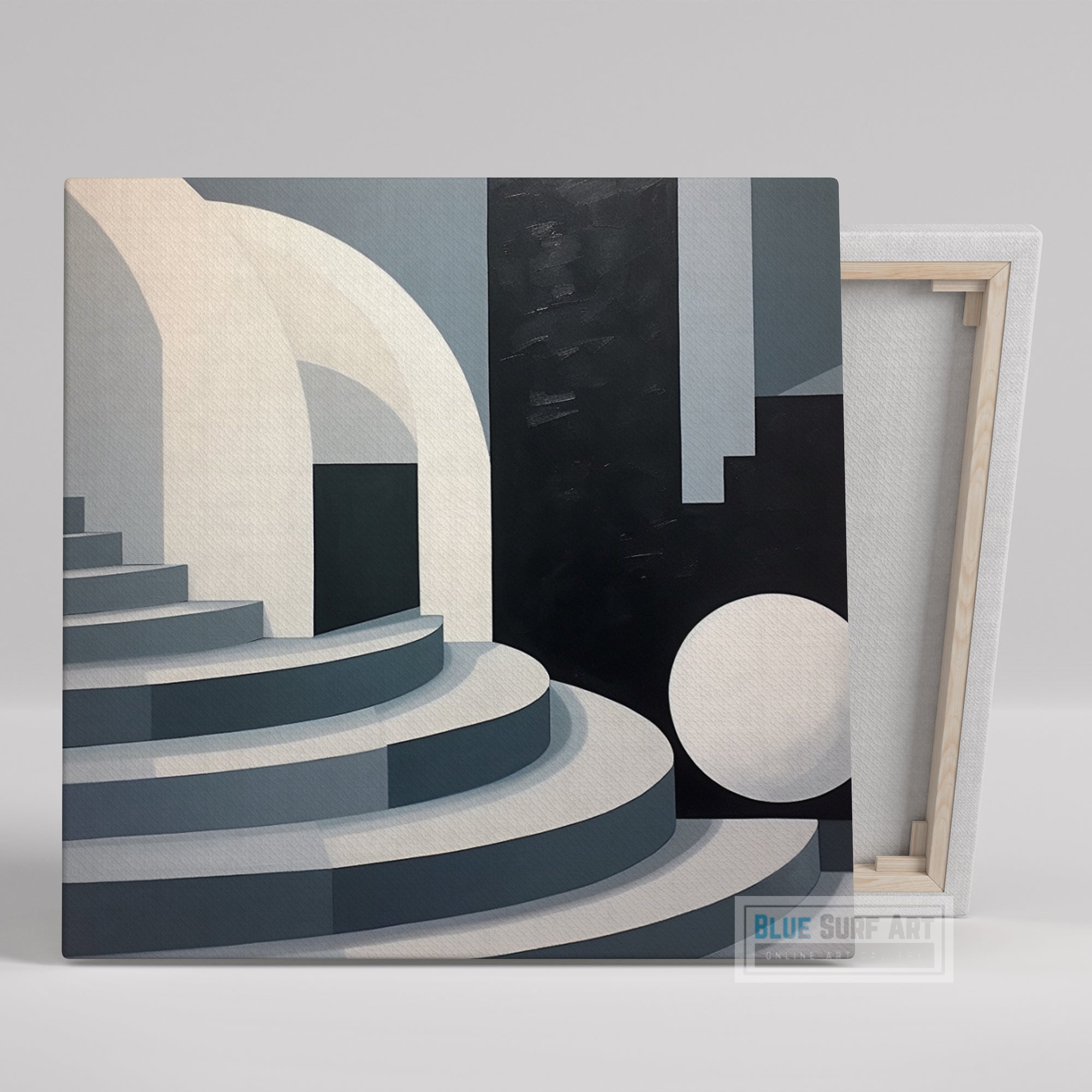 Black and White Abstract Painting Stairs Art Geometric Minimalism Art Landscape Modern Canvas Monumental Figures Bold Compositions Home Deco. Blue Surf Art