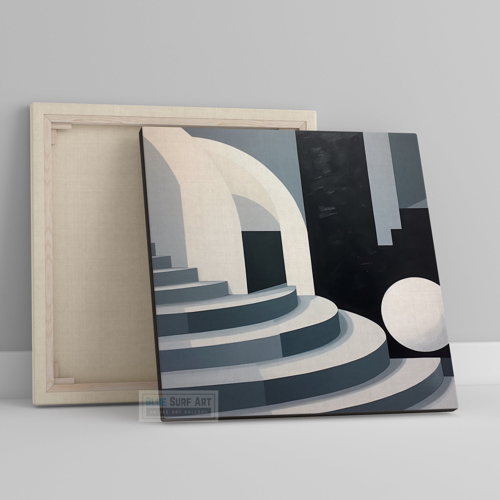 Black and White Abstract Painting Stairs Art Geometric Minimalism Art Landscape Modern Canvas Monumental Figures Bold Compositions Home Deco. Blue Surf Art