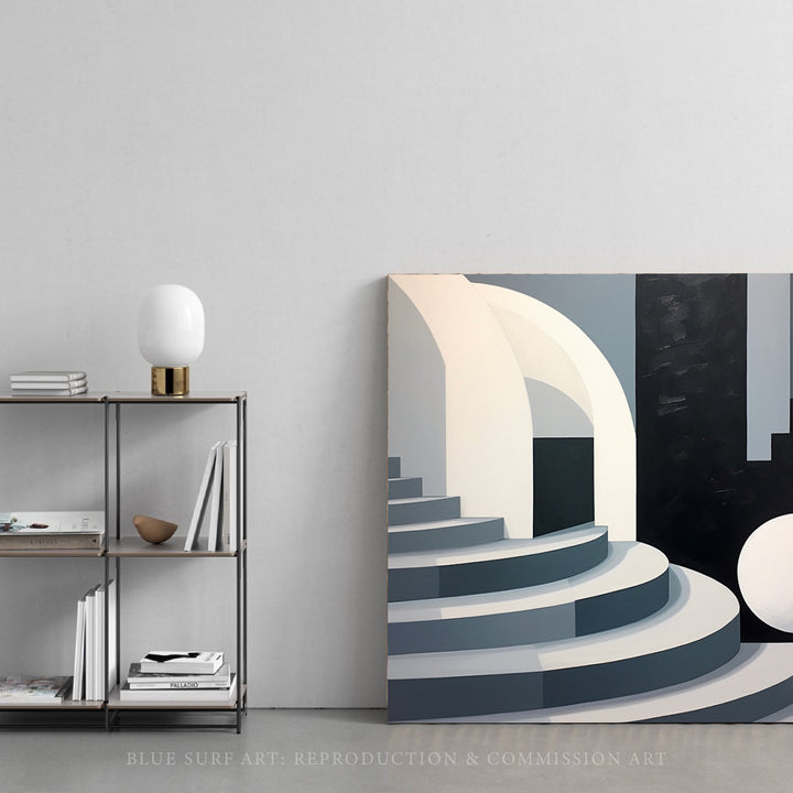 Black and White Abstract Painting Stairs Art Geometric Minimalism Art Landscape Modern Canvas Monumental Figures Bold Compositions Home Deco. Blue Surf Art