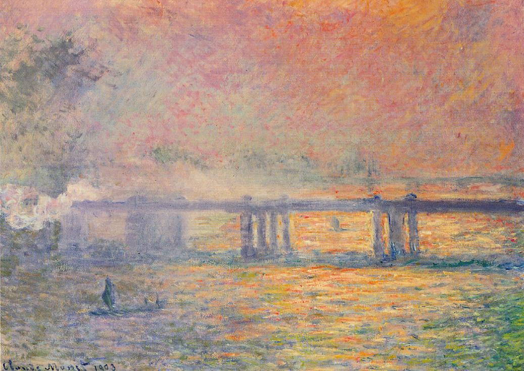 Painting of a bridge over water with a colorful sky by Claude Monet